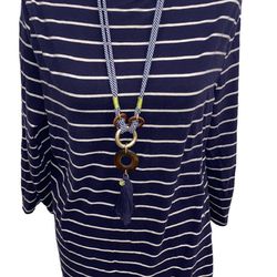 Nautical Navy/White Striped Tassel Statement Necklace With Lime Green Detail