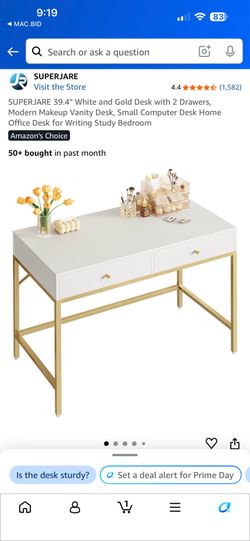 SUPERJARE 39.4" White and Gold Desk with 2 Drawers