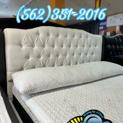 White Faux Leather Queen Rhinestone Bed Frame New 