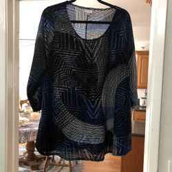 Women’s Tunic length Size 14/ 16 Top 3/4  Sleeve Length .  Colors Black, Blue and White.  Made of 100% Polyester.  Brand new perfect condition. 