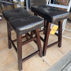 2 Counter Bar Stool Set - 24" High Dark Espresso Barstools with Wrapped Bonded Faux Leather Seat - Solid Wood Modern Countertop Stools - Ideal for Kit