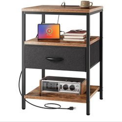  Night Stand with Charger Station, 27.7 Inch Tall Nightstand with Adjustable Fabric Drawer, Bed Side Table, Fabric Drawer Dresser for Bedroom, Living 