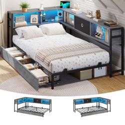 Corner Bed Frame with Bookcase Storage and Led Lights Twin Size Metal Platform Bed Frame 