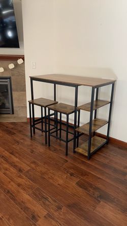 Industrial Bar Table Set with Stools and Shelves