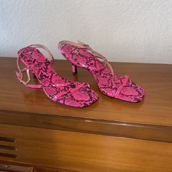 Hot Pink Snake Print Strappy Kitten Heels.