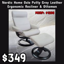 NEW Nordic Home Oslo Putty Grey Leather Ergonomic Recliner & Ottoman : njft 