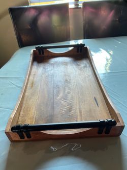 Wooden Serving Tray with Black Metal Handles