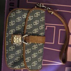 Dooney & Bourke DB Signature Logo Flap Canvas And Leather Wristlet,  Brown
