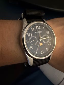 BERNY 2190M Moonphase Quartz Watch 38mm Black Dial + Box – Excellent Condition