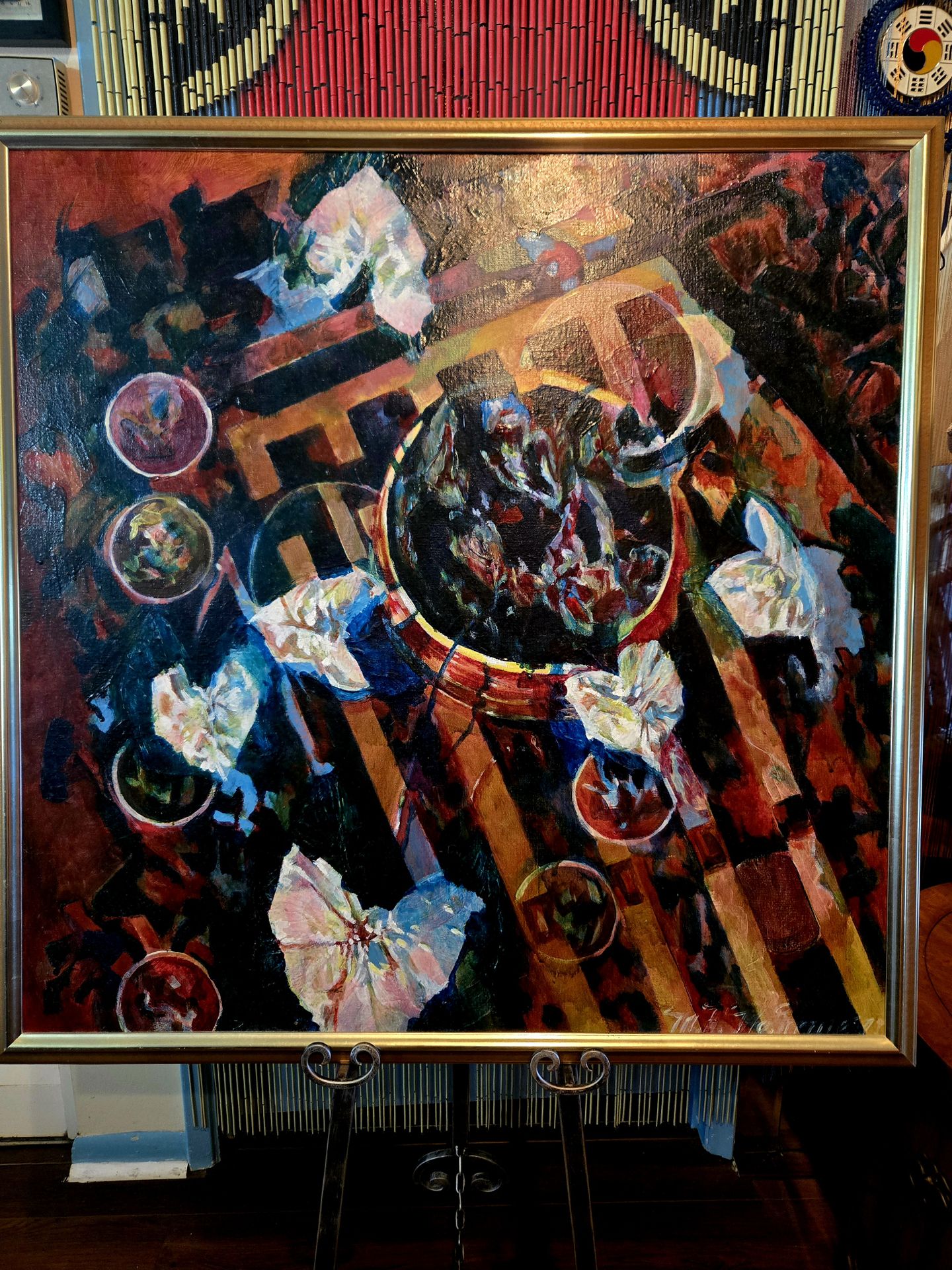 Vintage 1980's Oil on canvas Abstract representatinism Signed ( FRANK ROMERO?) Large 38.5"×39.5"