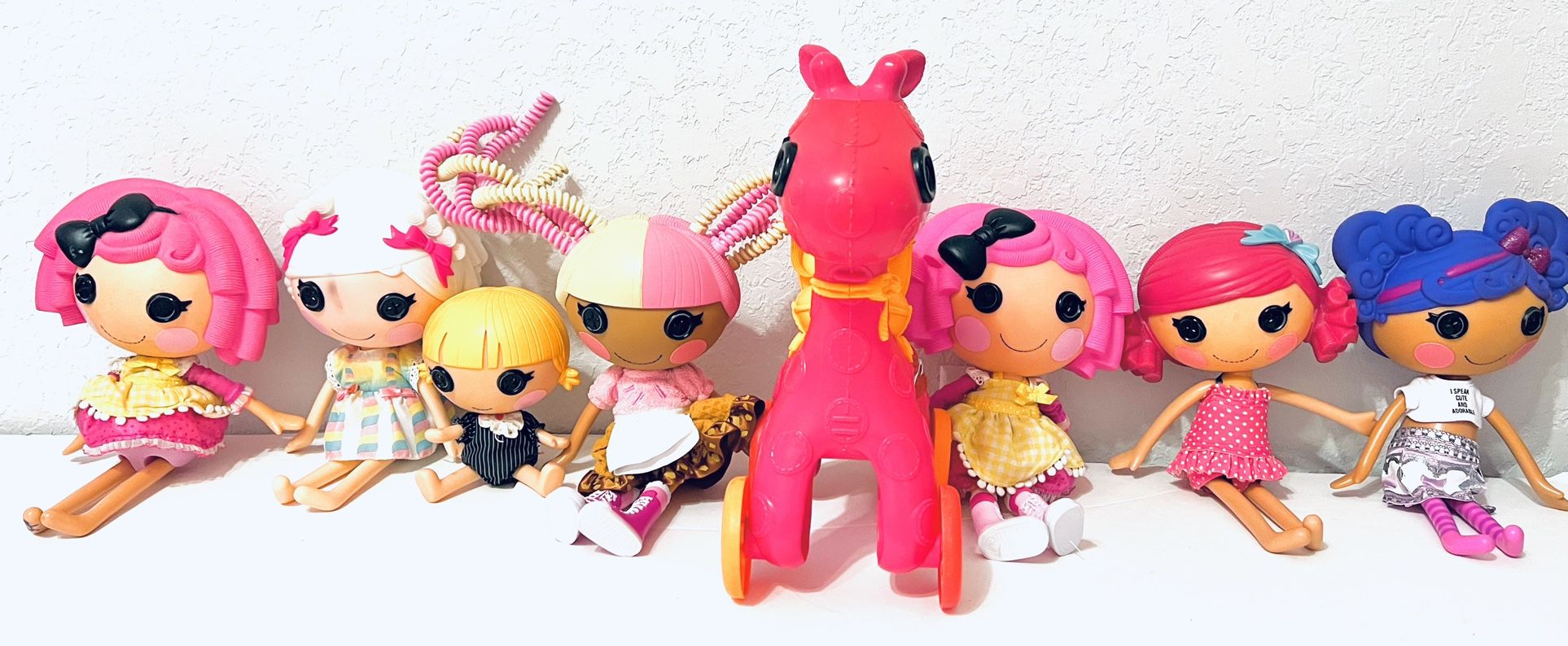 Lalaloopsy Dolls Lot of 7 with Lalaloopsy Rolling Pink Horse