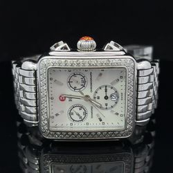 Pre- owned Michele Deco Day Mother of Pearl Dial Diamonds Steel Ladies Watch 