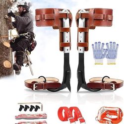 Tree Climbing Spikes Set with Harness Belt, Upgrade Cow Leather Tree Climbing Spikes Height Adjustable Tree Climbing Gear Pole Forging Tree Climbing 