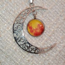 Jewelry.. Orange Resin Crescent Moon With Charm Pendant Necklaces In Stainless Steel.
