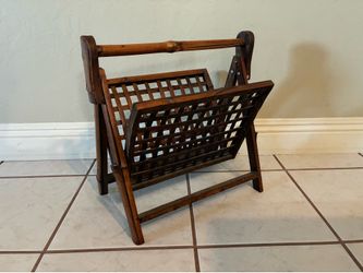 Vintage Bamboo Rattan Wooden Magazine Fold Up Rack. Approx. 15x17. Pre Owned.