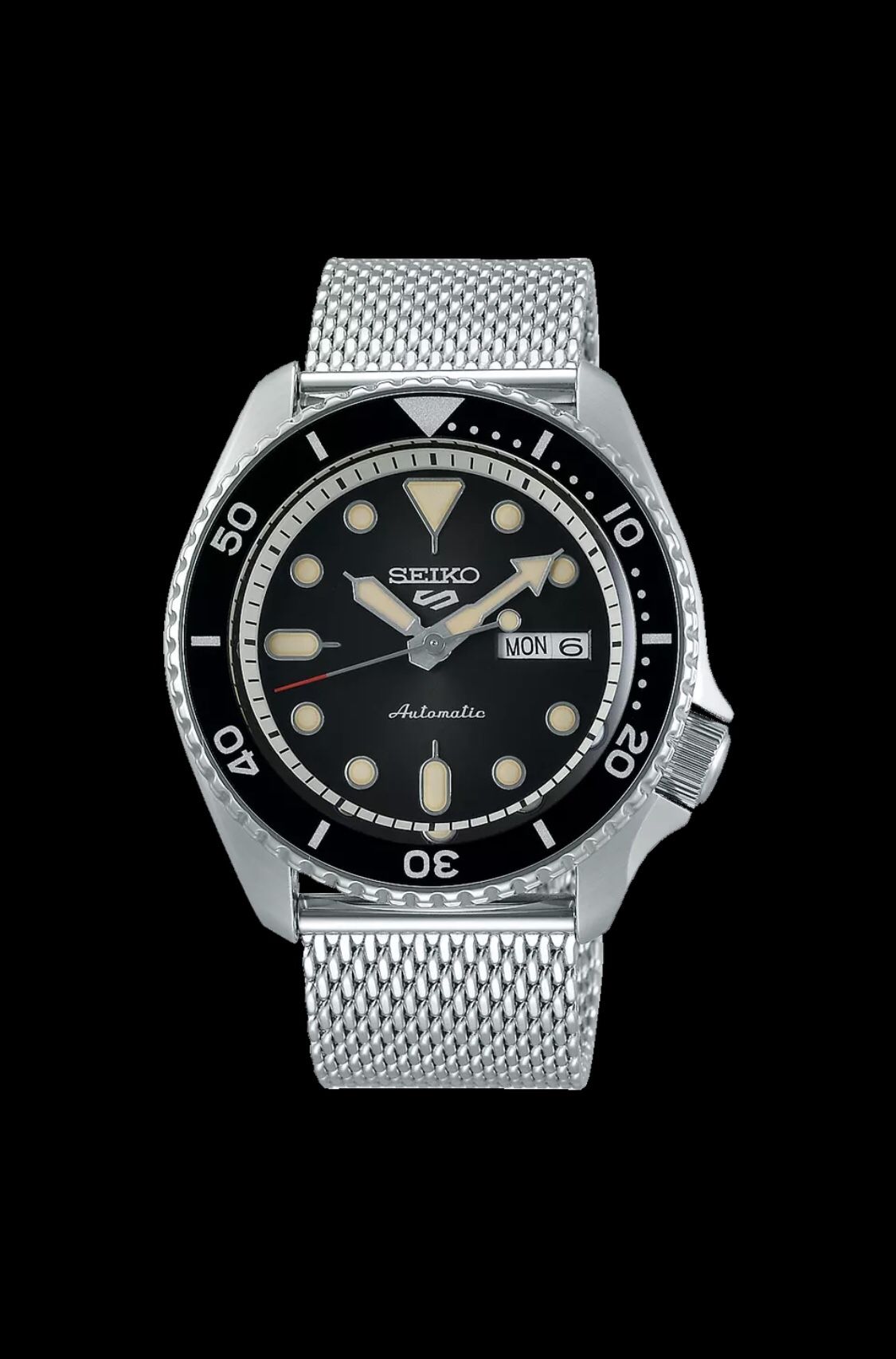 SEIKO SRPD73 Watch for Men - 5 Sports - Automatic with Manual Winding Movement, Black Dial with Black Bezel, Stainless Steel Case and Mesh Bracelet, 1