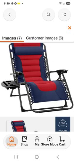 Oversized Padded Zero Gravity Navy/Red Metal Reclining Outdoor Lawn Chair with Side Tray