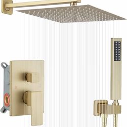 Brushed Gold Shower System kit, a luxury bathroom fixture designed for a modern rain-style shower