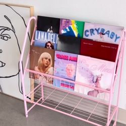 Pink Metal Wired Tiered Vinyl Record Storage Shelf
