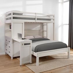 White Twin Loft Bed w/ Full Bed Frame On Bottom 