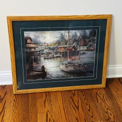 30”x24” Framed Nautical Harbor Scene Print | Sailboat Dock Art | Oak Frame Teal Mat | Coastal Wall Art