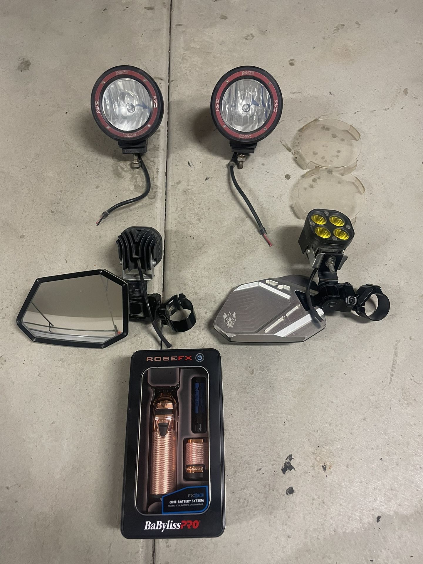 Chupacabra Mirrors W Amber Pods , (2) HID Very Bright Clear Pods , BABYLISSPRO Fx One Trimmer All Work And Perfect Condition 