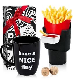 White Elephant Gifts for Adults, Funny Coffee Mug with Finger on the Bottom, French Fry Holder & Sauce Holder Set, Date Night Ideas Food Choice Dice, 
