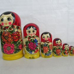 Vintage Russian Hand Painted 9 Piece Matryoshka Nesting Dolls-9 1/8" Tall
