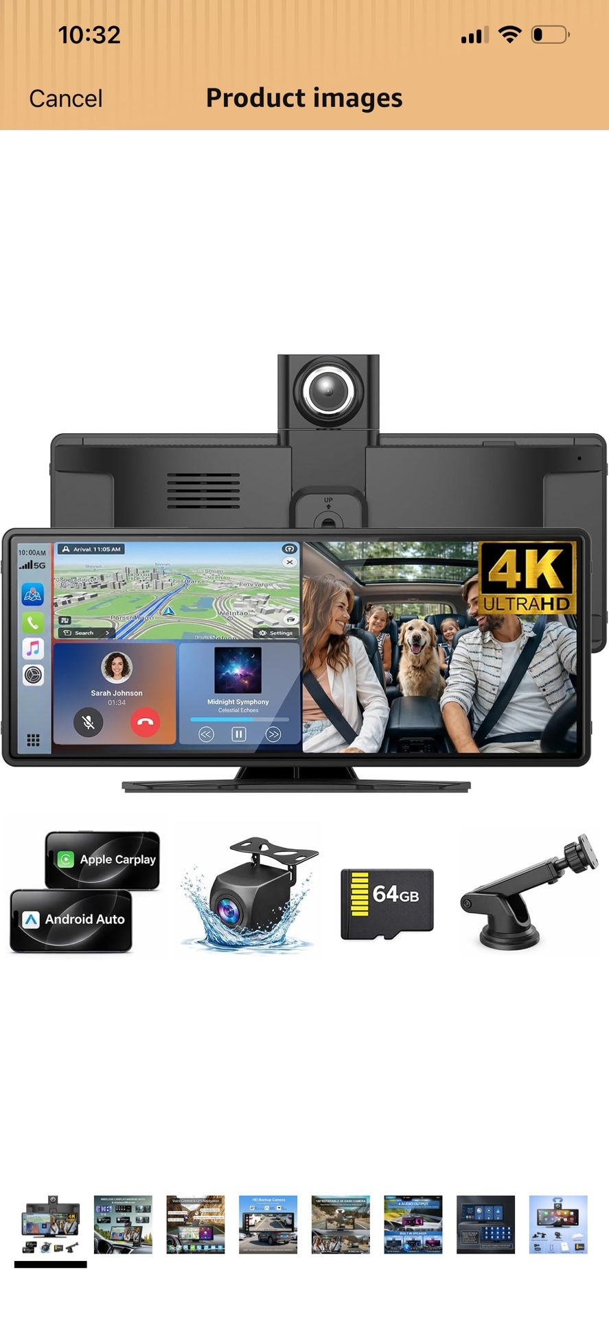Wireless Carplay Screen for Car,10.26" Portable Apple Carplay and Android auto,4K Dash Cam with Rotatable Lens, 1080P Backup Camera, GPS Navigation, M