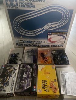 Tamiya Mini 4WD Complete Set: 2-Level Oval Track + 6 Cars (3 New Sealed) + Tons of Upgrade Parts