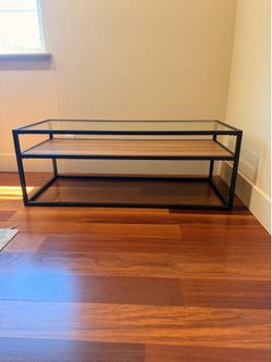 Mayfair Howa Industrial Two-Tiered Coffee Table With Glass Top, Wood Bottom, Black Frame 46”x20”x17”