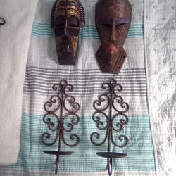2 African Mask 2 Candle Holders 