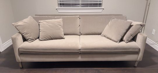 Large Beige Velvet Sofa — Includes 5 Throw Pillows | Must Sell by May 27