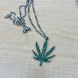 Real Metal Silver Finish Pewter Pendant Necklace Pot Leaf, Weed, Marijuana Leaf, Green Enamel