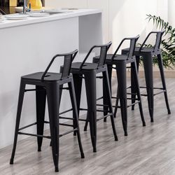 30'' Industrial Metal Bar Stools with Low Back Set of 4, Matte Black Bar Height Stools for Kitchen Island, Farmhouse, Cafe, Modern Bar Chairs for Indo