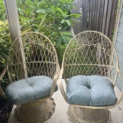 Pair Russell Woodard Spun Fiberglass Mid Century wicker swivel chairs peacock type high back