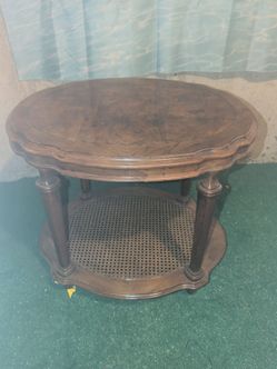 Vintage Round Wood Side Table with Cane Shelf 27" W x 22" D x 23" H