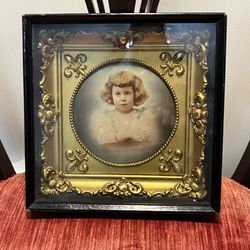 Antique Gold Gesso Frame Portrait On Tin In Shadow Box Victorian Edwardian Era