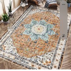 Ileading Bohemian Vintage Area Rug 6x9ft, Machine Washable Low-Pile Accent Carpet, Non-Shedding Non-Slip Living Room Floor Throw Rugs 
