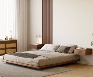 Homary Japanese Style Queen Low Bed Frame Walnut Floor Bed & Floating Wooden Nightstand Set