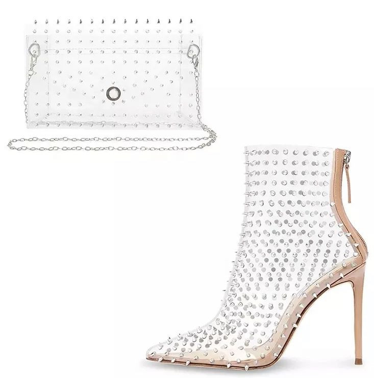 Nude And Clear Spiked Boots With Matching Handbag 