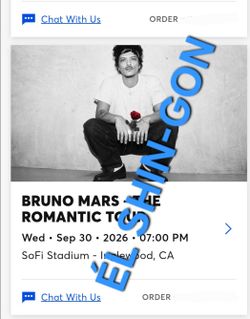 Bruno Mars - The Romantic Tour 2 Tickets @ SoFi 10/30/26 Section 326 Row 5  $325 Each