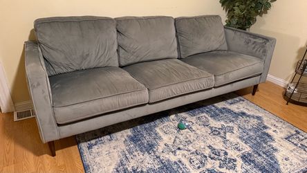 Gray Velvet 3-Seat Sofa Mid-Century Style