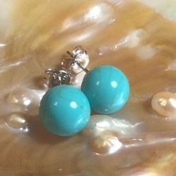 Genuine, Real Blue Turquoise 10 Mm Point 925 Sterling Silver Stud Earrings.   SG-0070