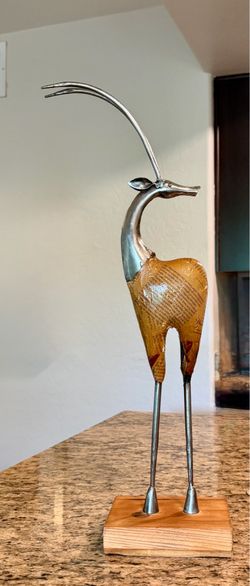 Modern Metal Sculpture Steel Wood Gazelle Ram Deer Antelope 21" T
