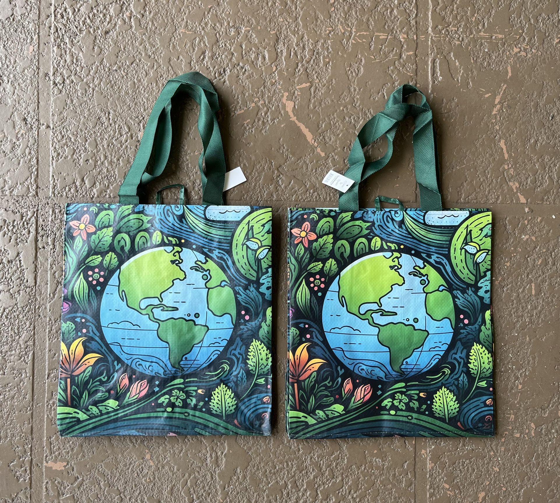 2 Brand new globe and flowers Earth Day reusable bags