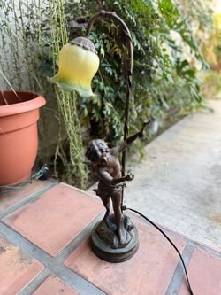 Art Nouveau Figural Faux Bronze Lamp with Glass Shade