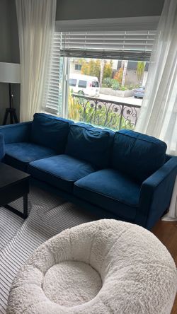 Blue velvet couch, very comfy, good condition