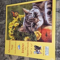 'Afternoon Nap' 1000pc Jigsaw Puzzle Cat Napping In Flowers. Brand New Sealed!!!