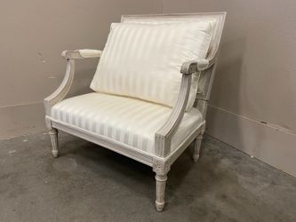 Vintage French Provincial Style Whitewashed Accent Chair with Carved Wood Details and Stiped Upholstery